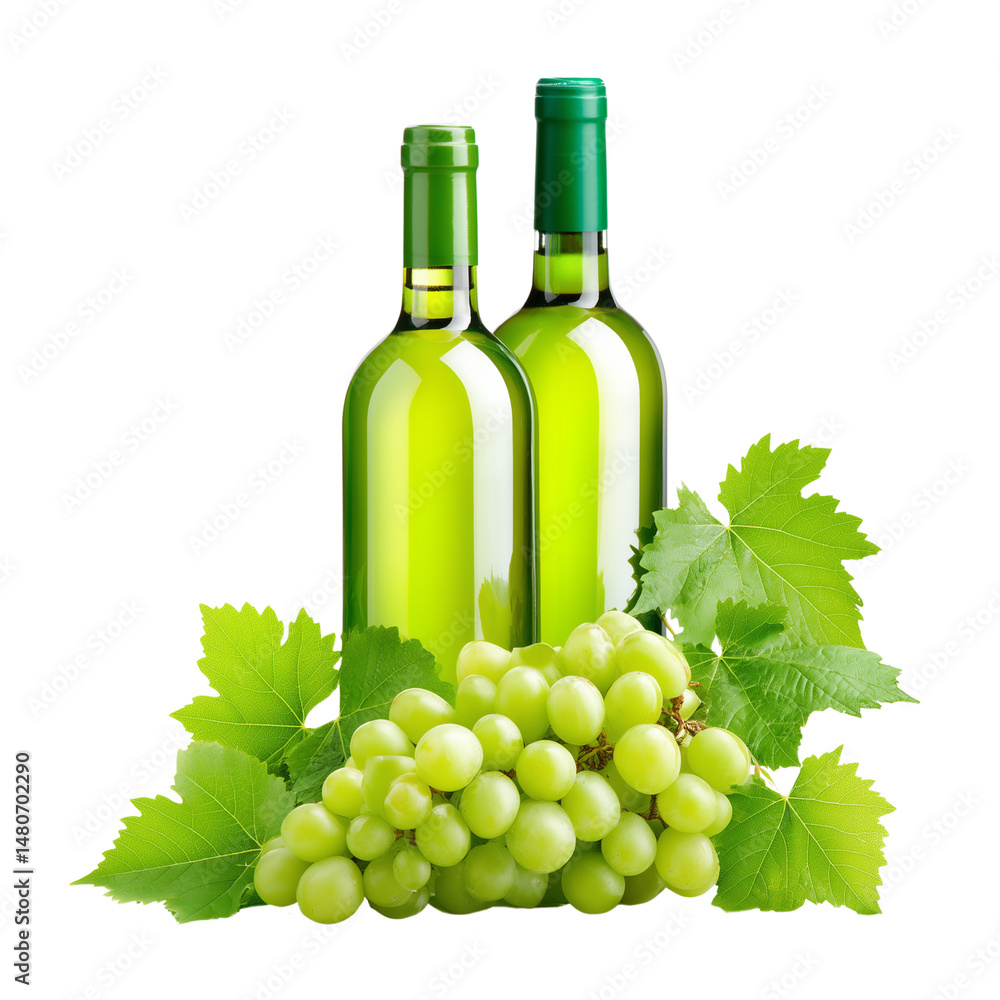 Green wine bottles with grapes and vine leaves isolated on white