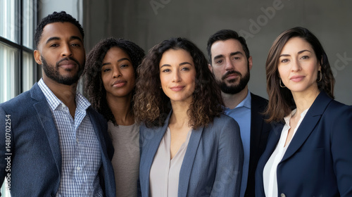 Five diverse professionals in business attire pose confidently together