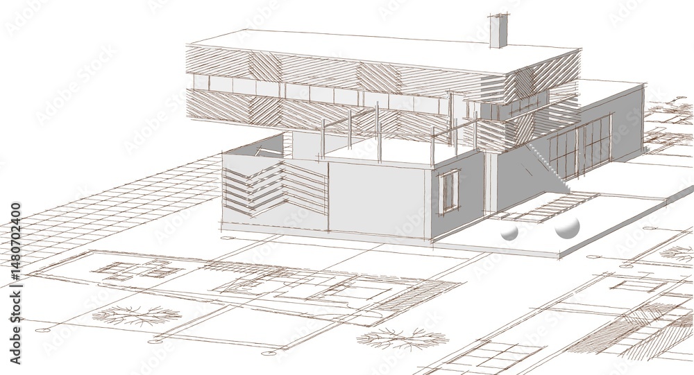 Fototapeta premium residential house plan sketch 3d illustration