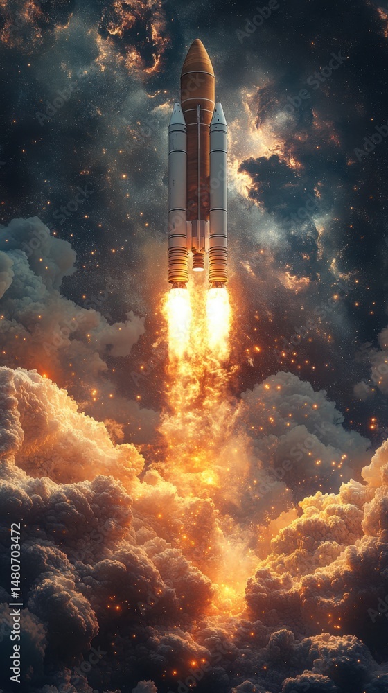 Fototapeta premium Majestic Spacecraft Launch Through Fiery Clouds and Nebula Dramatic Space Exploration Image