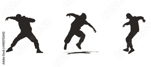 Dynamic breakdancing silhouettes against a transparent background ideal for dance studios websites or hip hop music projects.