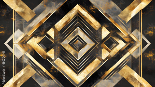 An elegant art deco design with gold and black geometric patterns, evoking a sense of luxury and sophistication