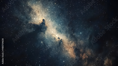 An extreme close-up of a starry night sky, with constellations glowing brightly against a swirling nebula