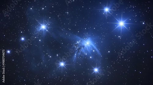 An extreme close-up of a starry night sky, with constellations glowing brightly against a swirling nebula