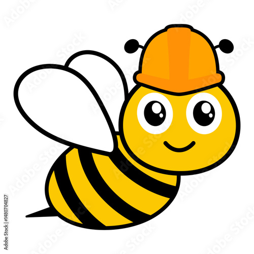 Cute bee with safety helmet. Working flying honeybee character. Vector illustration isolated on white.