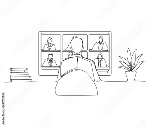 People in videoconference windows in continuous one line art style. Online negotiations concept. Simple vector illustration