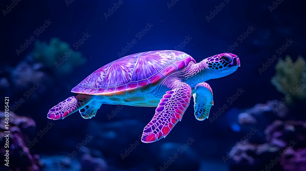 Fototapeta premium Pixel Art Sea Turtle in Vibrant Purple and Pink Underwater