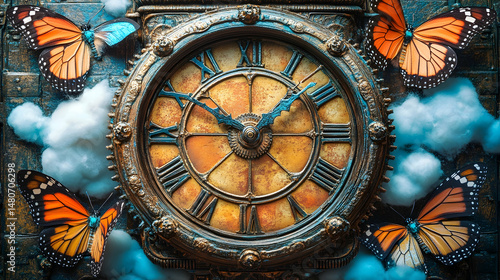 Antique clock surrounded by butterflies and clouds, evokes a sense of ethereal time