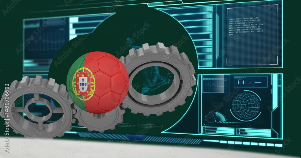 Obraz premium Image of ball with flag of portugal over cogs moving and data processing