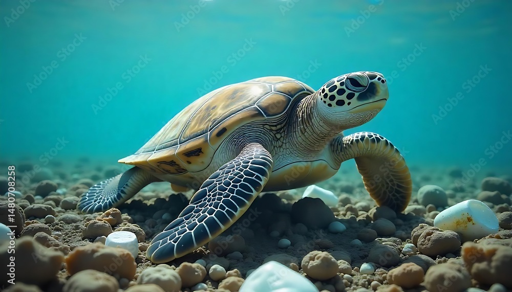 Fototapeta premium World Turtle Day sea turtle surrounded by plastic waste, World Turtle Day marine pollution crisis on beach, World Turtle Day endangered wildlife facing environmental threat.created with generative ai