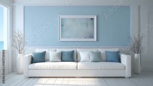 Minimalist home interior design of modern living room with a white sofa with several light blue pillows against a white wall framed abstract painting .