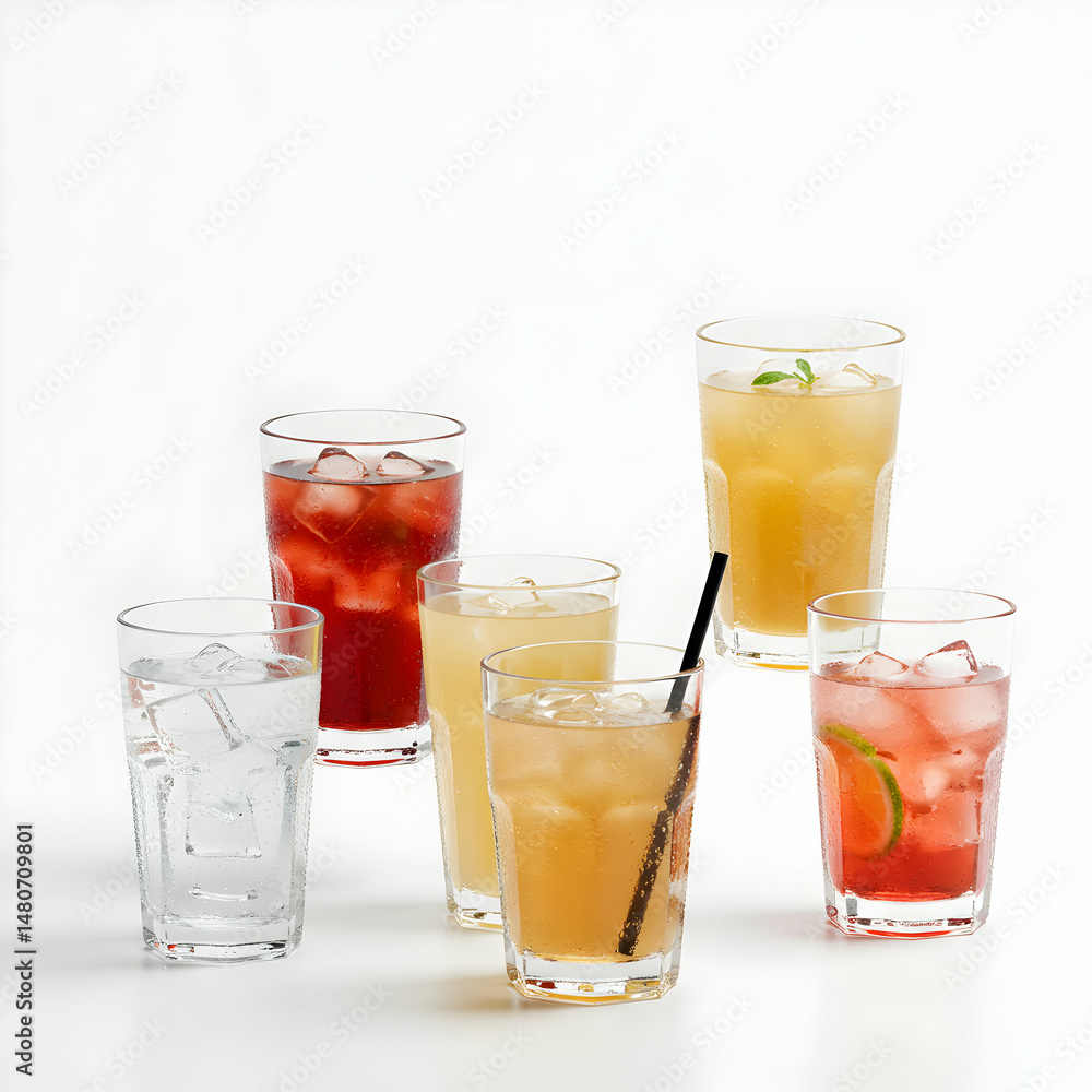 A group of six glasses filled with various colorful drinks and ice cubes on a white background A group of six glasses filled with various colorful drinks and ice cubes on a white background