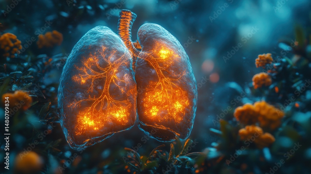 Fototapeta premium Luminous human lungs within a botanical environment