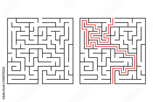 Square maze or labyrinth game with Included Solution. Vector illustration of puzzle maze 