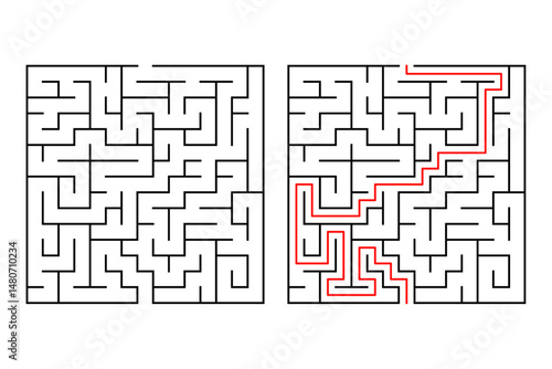 Vector Square maze or labyrinth game with Included Solution. New idea find, creative maze puzzle