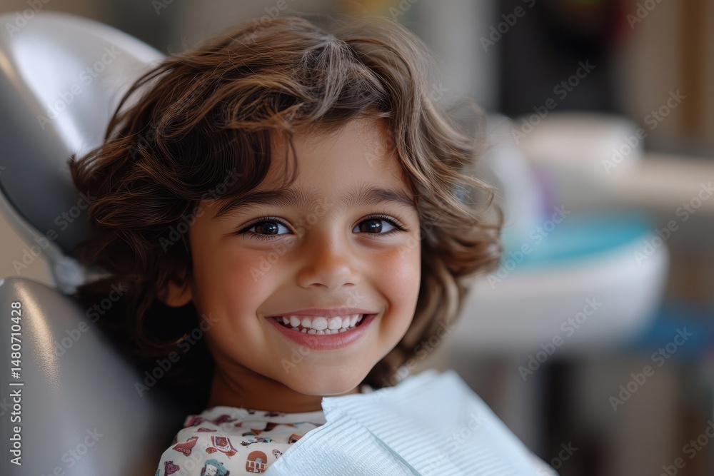 Young boy smiles joyfully while sitting in dental chair with two dental professionals assisting him during routine check-up at clinic Young boy smiles joyfully while sitting in dental chair with two dental professionals assisting him during routine check-up at clinic