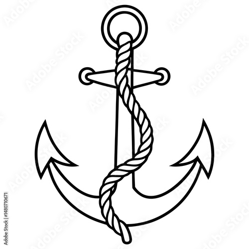Vector anchor illustration with rope detail, black outline, ideal for nautical designs, maritime branding, and tattoo art