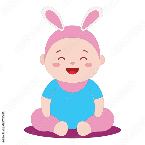 Chubby Baby Girl with Bunny Ears Headband – Cute Sitting Giggle Vector Illustration.