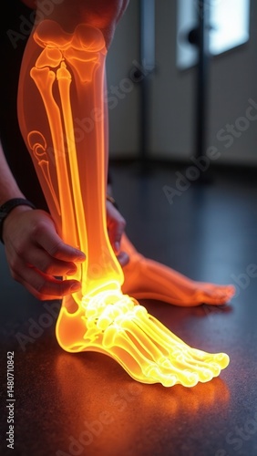 Digital bone on the human foot. Man suffering from knee pain. Injury caused by training. Tendon problems..