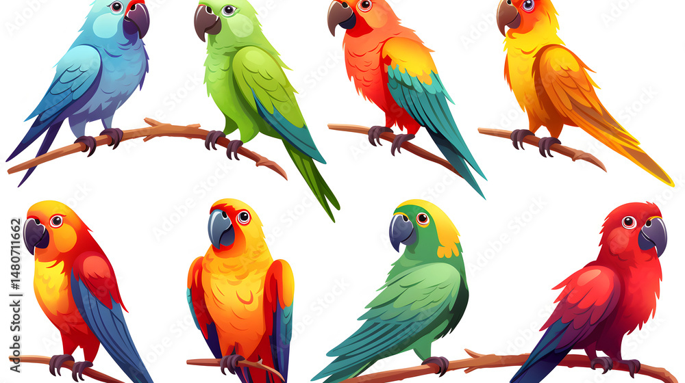 Obraz premium Vibrant Set of Colorful Parrots Illustration Isolated on White Background