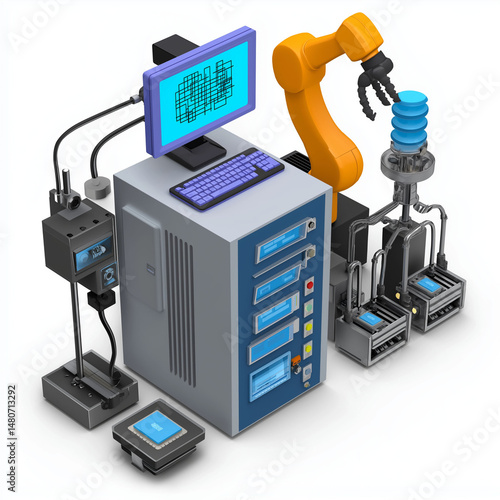Embedded system microcontroller automation. 3D clip art. Real-time automation system with microcontroller technology in action.