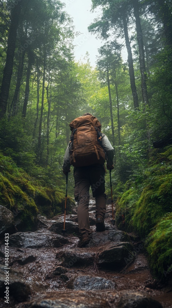 Obraz premium Adventurous Hiker Trekking on Muddy Forest Trail with Backpack