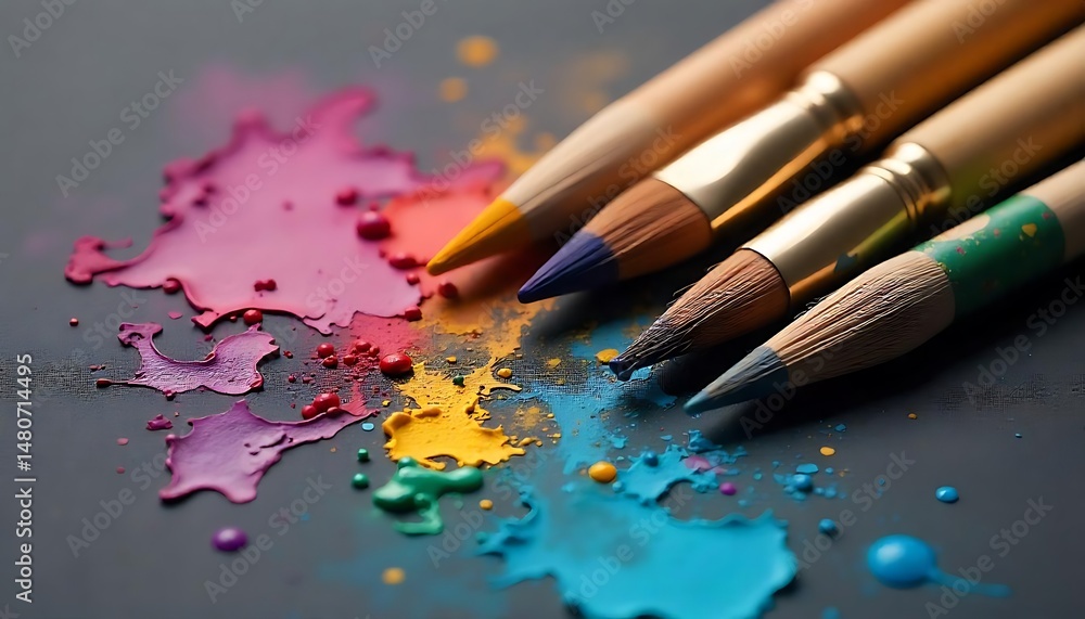 Fototapeta premium Closeup of Colorful Paintbrushes with Paint on a Dark Surface created with generative ai