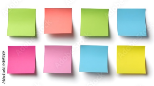 A collection of colorful sticky notes, arranged on a white background, ready to capture ideas.