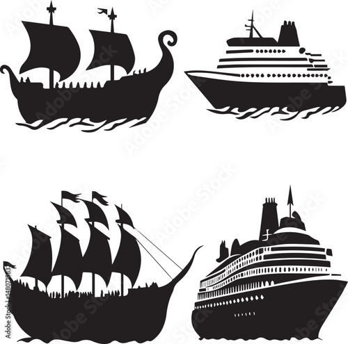 Silhouette Viking Ship and Modern cruise ship vector