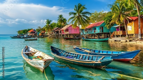 Fototapeta Naklejka Na Ścianę i Meble -  Vibrant waterfront homes with colorful boats on a tropical shoreline.