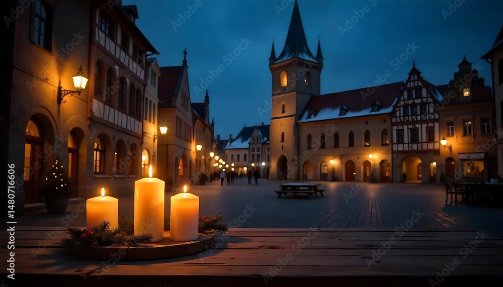 Obraz premium Christmas time Wooden table with candles in front of a medieval town square on Christmas night. Gothic castle at night, created with generative ai