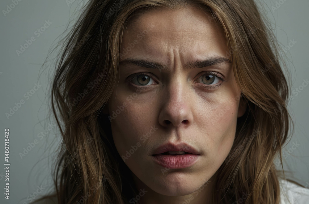 Emotional Portrait of a Serious Young Woman: Close-Up Expression Showcasing Vulnerability and Thoughtfulness in Natural Light Emotional Portrait of a Serious Young Woman: Close-Up Expression Showcasing Vulnerability and Thoughtfulness in Natural Light