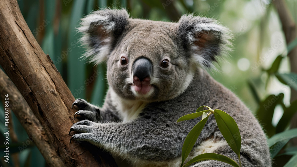 Obraz premium Playful Koala in Forested Australian Suburb: Close-Up Wildlife Photography of Cute Tree-Climbing Mammal