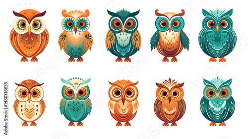 Wallpaper Mural Collection of Nine Stylized Cartoon Ornate Funny Owls for Creative Projects Torontodigital.ca