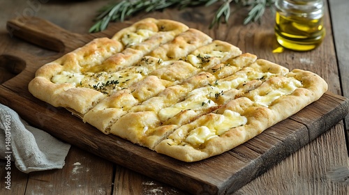 Regular view of Focaccia di Recco a thin cheese filled flatbread served on a rustic wooden board Ligurian specialty from Recco Italy overlay