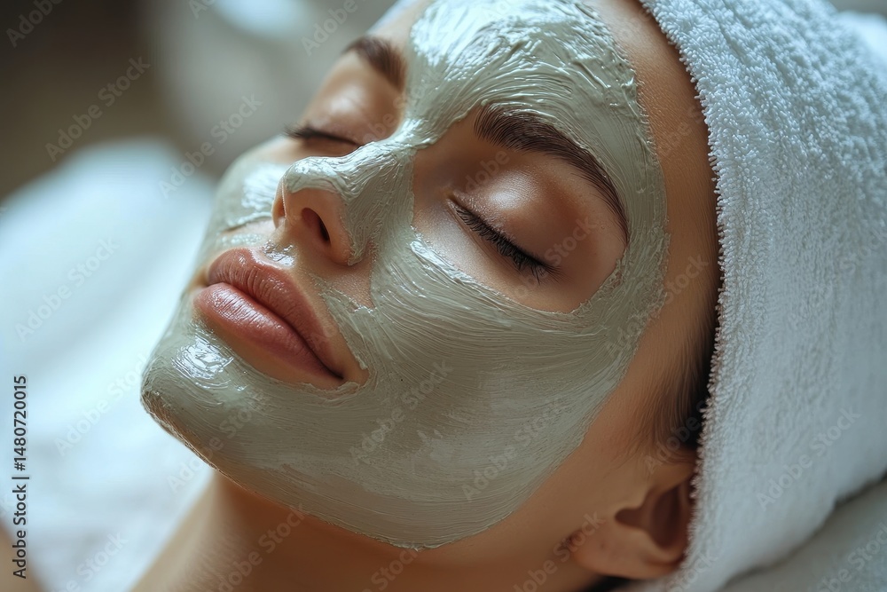 Fototapeta premium Woman relaxing on a couch with a facial mask and headband in a bright and cozy room during the afternoon