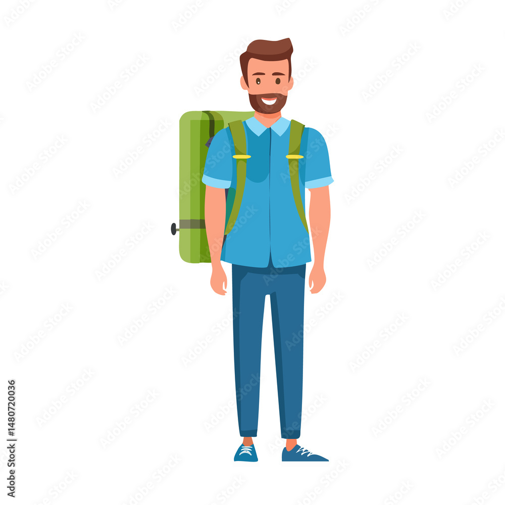 Traveler stands confidently with a pack Traveler stands confidently with a pack