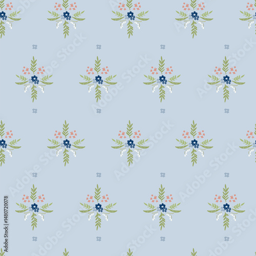 Seamless pattern with hand drawn meadow flowers. Floral Block Prints inspired by printmaking that uses wooden blocks to transfer repeating designs onto textiles.