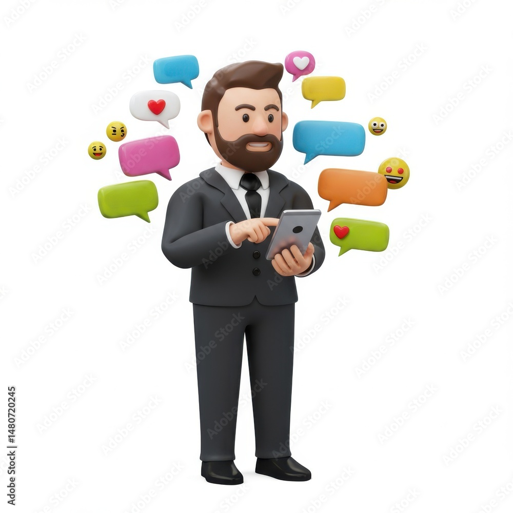 Cartoon man using a tablet isolated on white background for communication, social media, and marketing.
Cartoon man using a tablet isolated on white background for communication, social media, and marketing.
