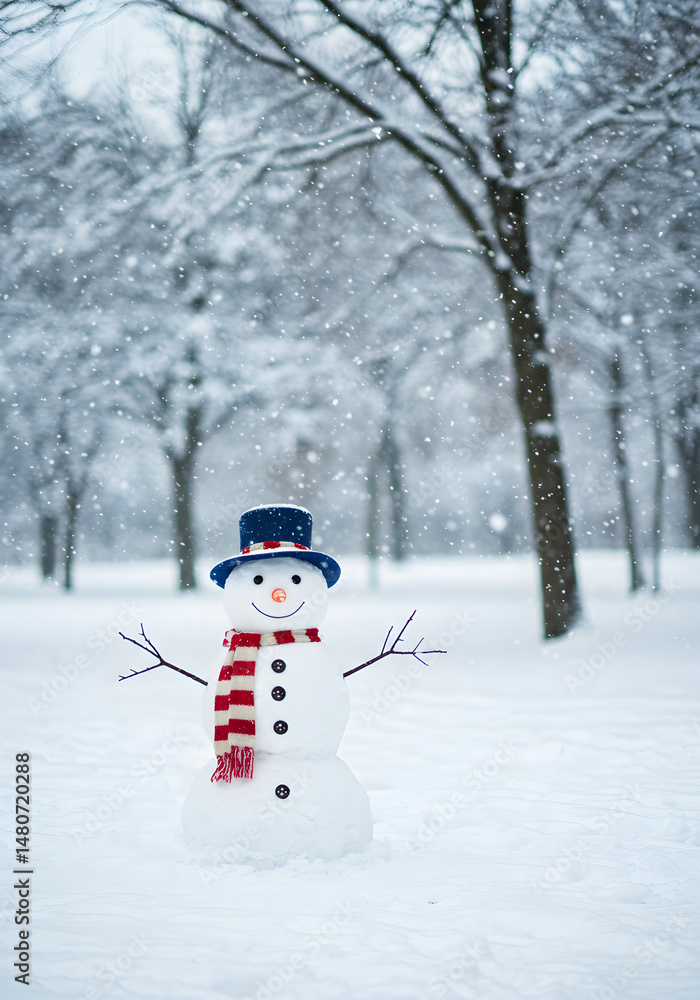 Obraz premium A delightful snowman adorned with a top hat and scarf, standing amidst a serene snowy landscape with snowflakes gently falling.