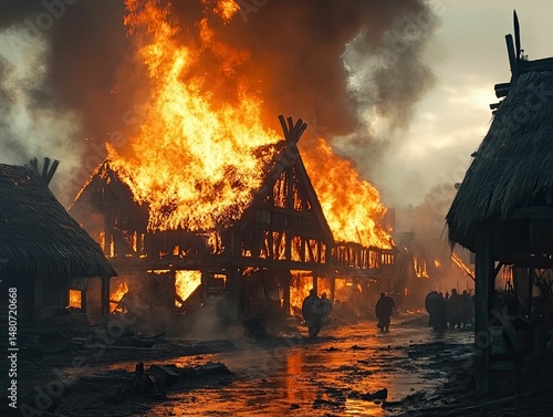 Burning village, figures with shields, fiery destruction.