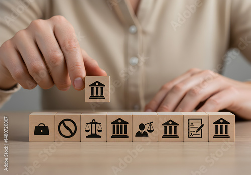 Legal compliance concept with wooden blocks showing law justice and regulation for business and society