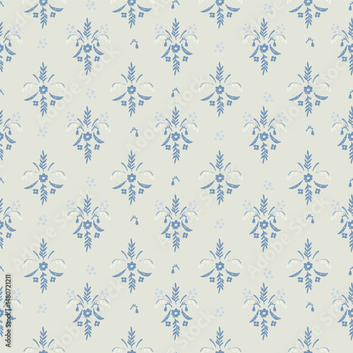 Seamless pattern with hand drawn meadow flowers. Floral Block Prints inspired by printmaking that uses wooden blocks to transfer repeating designs onto textiles.