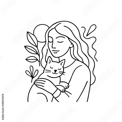 Woman Happily Hugging Cat Line Art Illustration. a woman embracing a cat with a content smile. The artwork features a simple, clean line art style with nature-inspired elements