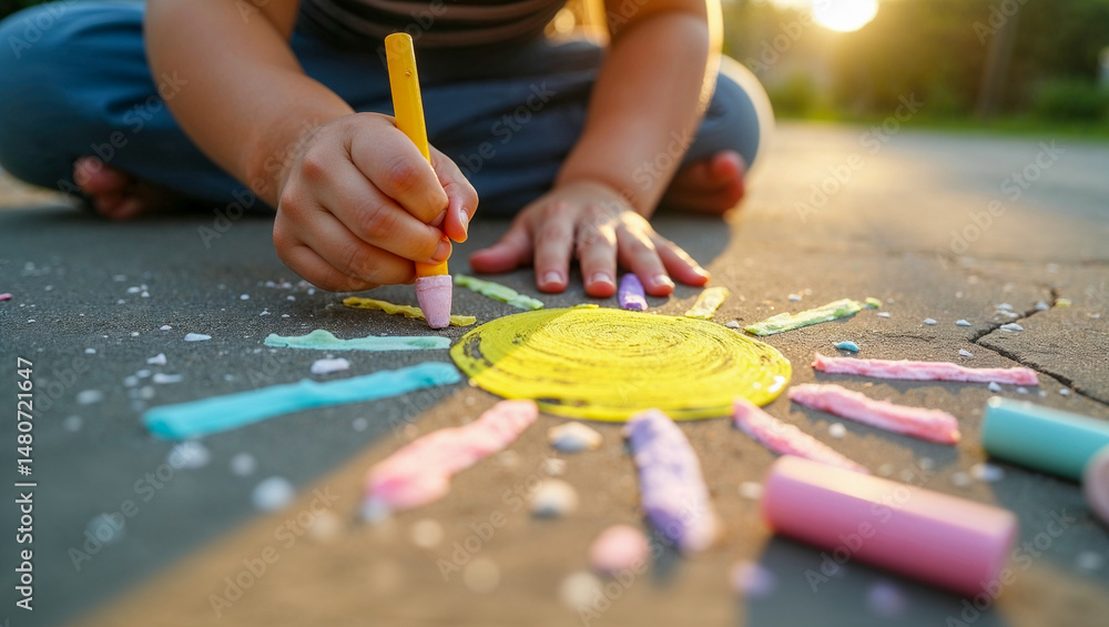 Obraz premium Young child drawing sun with chalk on pavement during sunset 