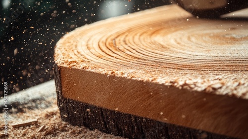 Close-up of Wood Slice with Sawdust, Circular Texture, Woodworking, Lumber
