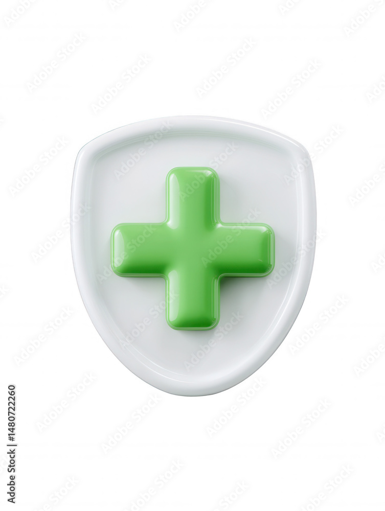 Fototapeta premium Green medical cross within a clean white shield illustration symbolizes safety, health, and well-being on a white background indicating security and protection.