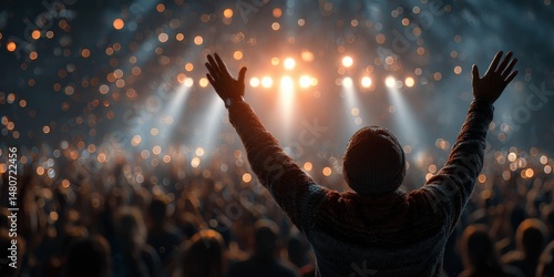 Concert Crowd Ecstasy: A lone figure with arms raised high, silhouetted against a brilliant stage light, captures the exhilarating energy of a massive concert crowd.