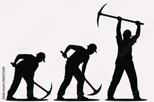 A silhouette sequence of a worker using a pickaxe in a mining or construction action. Vector illustration depicting labor and industry.