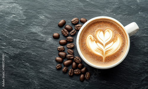 Cup of Cappuccino on table surrounded by roasted coffee beans on dark table, top view, space for text.